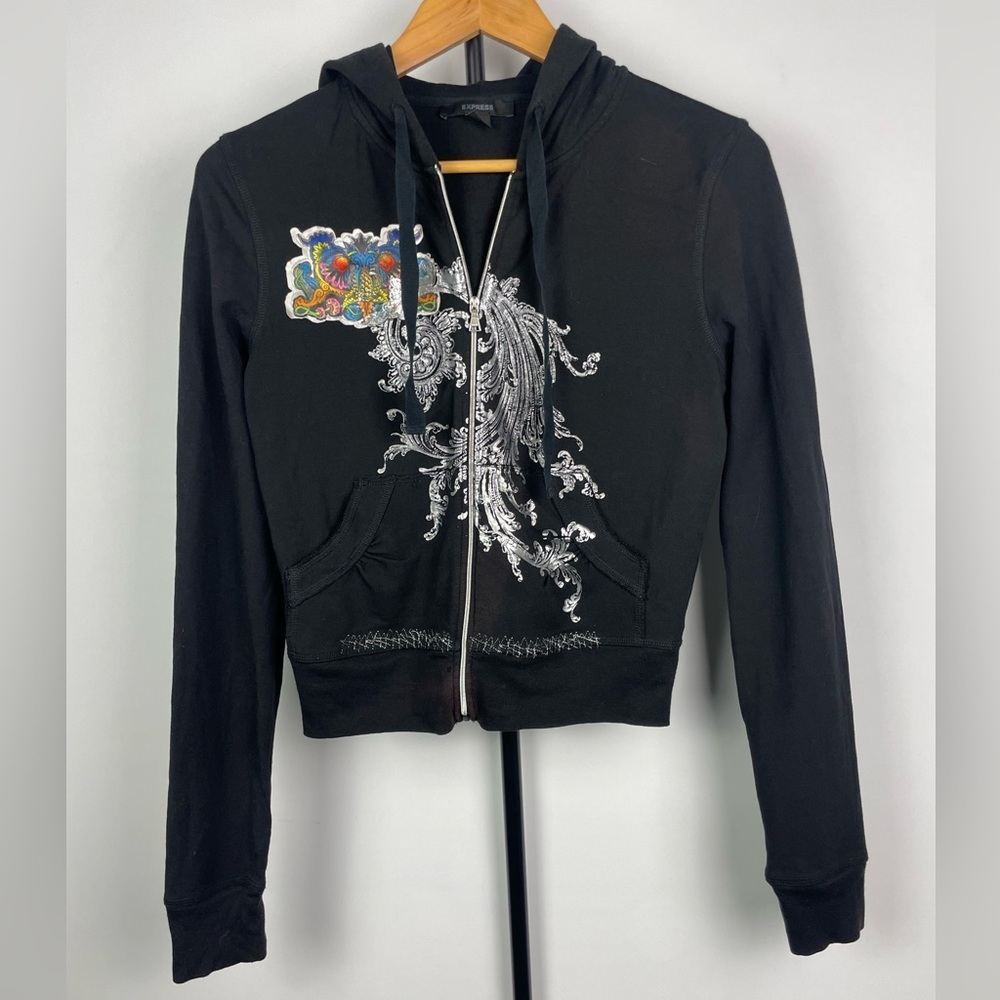 Express Black Y2K 2000s‎ Graphic Print Full Zip Cropped Hoodie Sweater